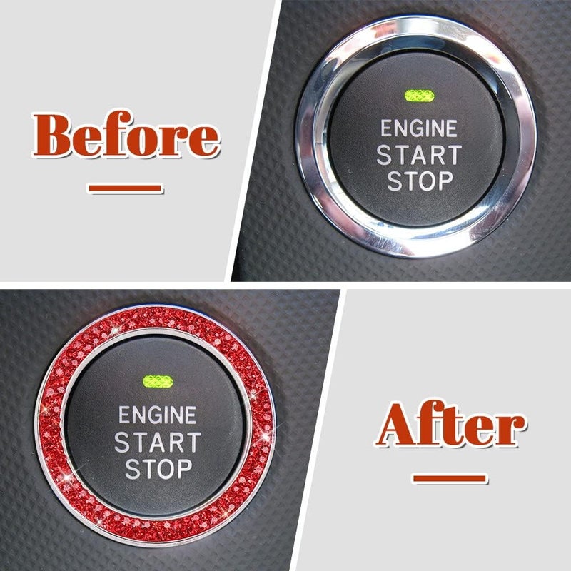ToBeQueen Red Push Start Button Cover Ring, Interior Crystal Diamond Rhinestone Engine Start Ring Emblem Sticker, Glitter Car Accessories for Women, Red - Image 2